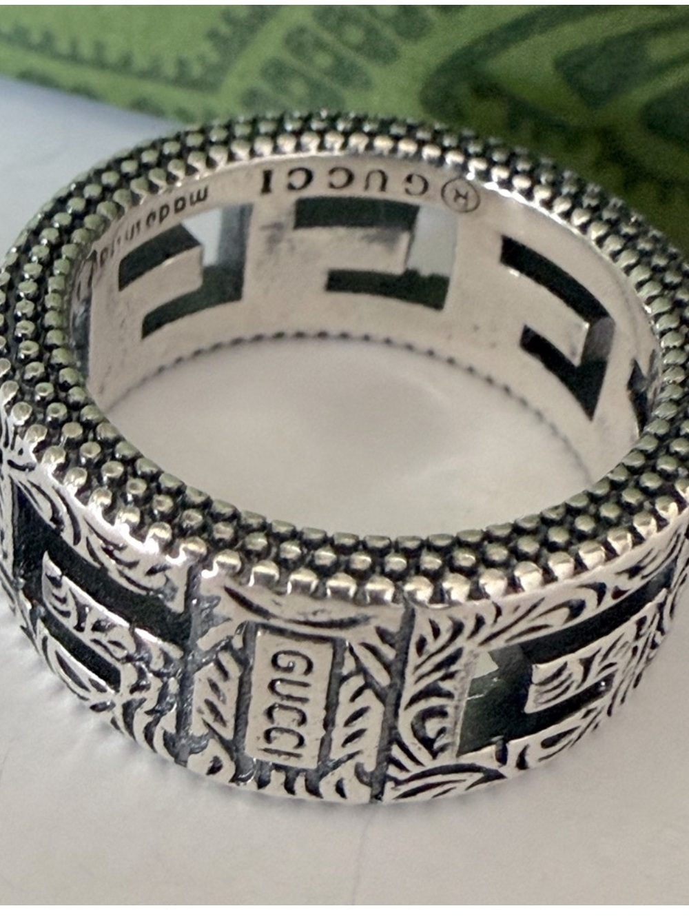 Unisex Gucci Silver-Tone Cutout Emblem Band